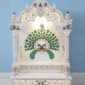 Marble Home Temple with Peacock Feather Inlay Work