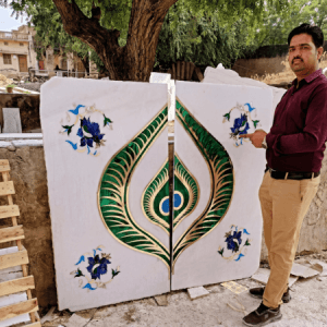 Peepal Petals Inlay Wall Panel in Vietnam White Marble | Makrana Handmade Luxury Wall Art
